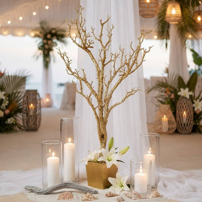 Potted gold faux manzanita tree with white lilies and candles - thumbnail number 6