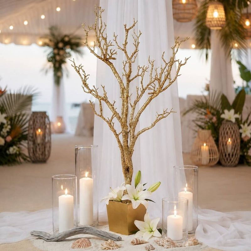 Potted gold faux manzanita tree with white lilies and candles - thumbnail number 6