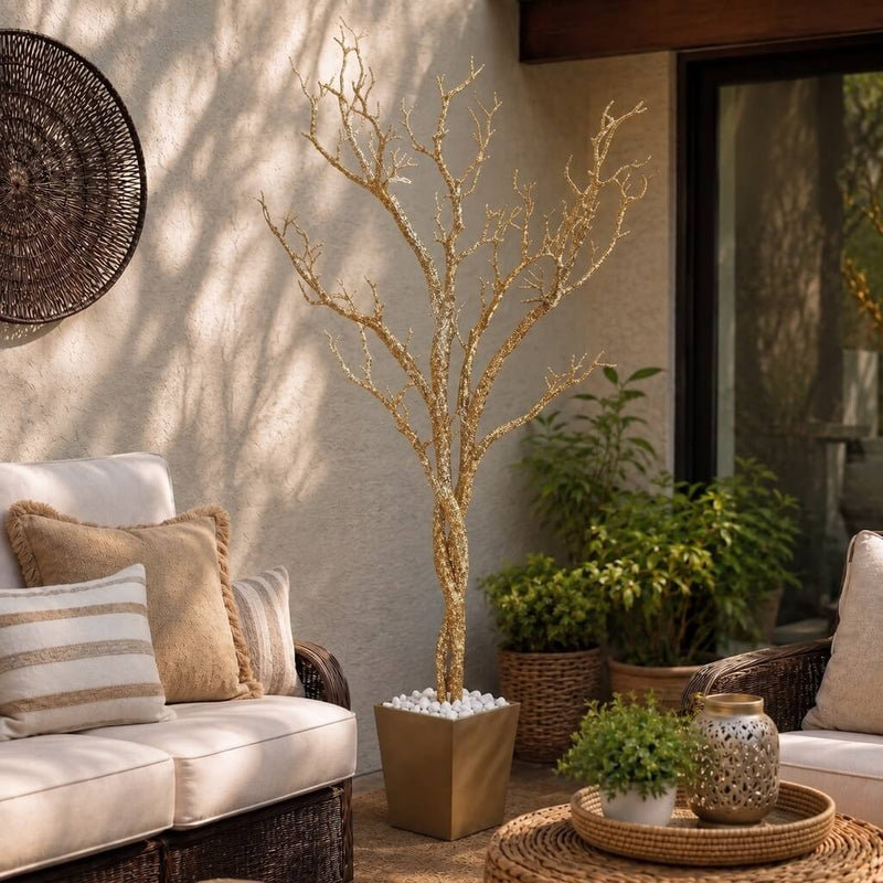 Potted gold faux manzanita tree in a patio seating area - thumbnail number 9