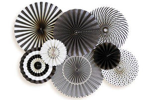 Fancy Party Fans Rosette Pinwheels Black & Ivory/White, 8 Fans
