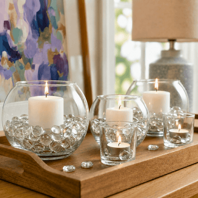 Flat Gem Vase Filler styled with candles in glass bowls on a wooden tray - thumbnail number 5