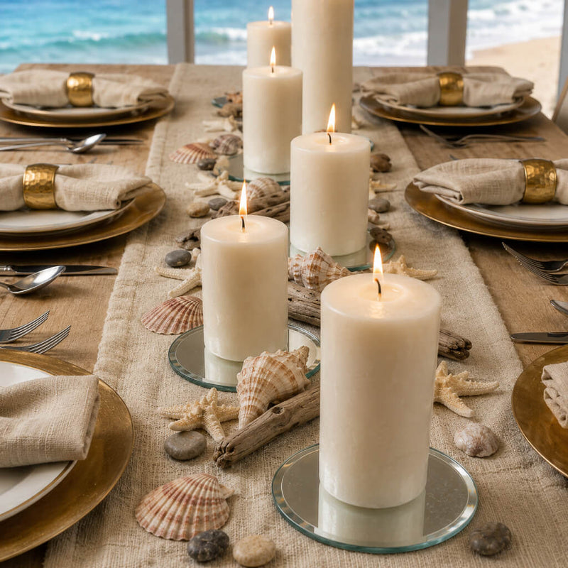 Lit pillar candles on 5 inch round mirror trays surrounded by seashells on a dining table - thumbnail number 3