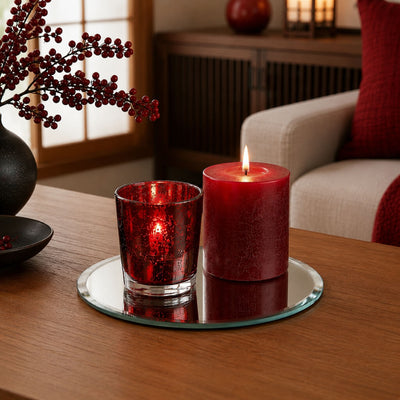 Red candles in a glass holder and pillar on a 5 inch round mirror tray - thumbnail number 6