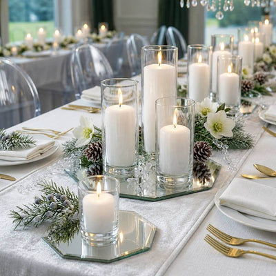 Winter table centerpiece with candles in glass cylinders on octagonal mirror trays - thumbnail number 5