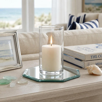 Lit white candle in a glass cylinder on an octagonal mirrored tray - thumbnail number 6