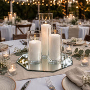 Candles in glass cylinders on an octagonal mirror centerpiece for a wedding table setting - thumbnail number 7