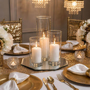 Candles in glass cylinders on an octagonal mirror centerpiece for a formal table setting - thumbnail number 4