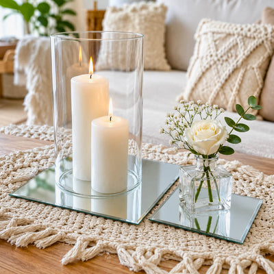 Two lit candles in a glass holder and a single rose in a vase on mirrored coasters - thumbnail number 7