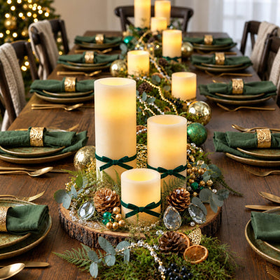 Christmas dining table centerpiece with ivory flameless LED pillar candles and green bows - thumbnail number 3