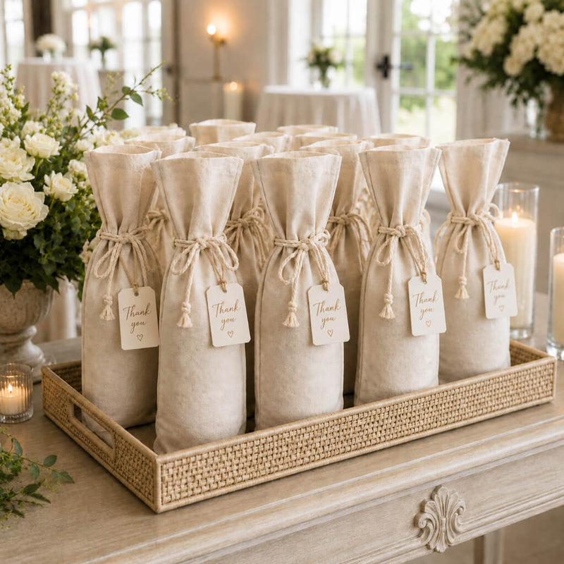 Canvas wine bottle gift bags with Thank You tags on a tray - thumbnail number 2