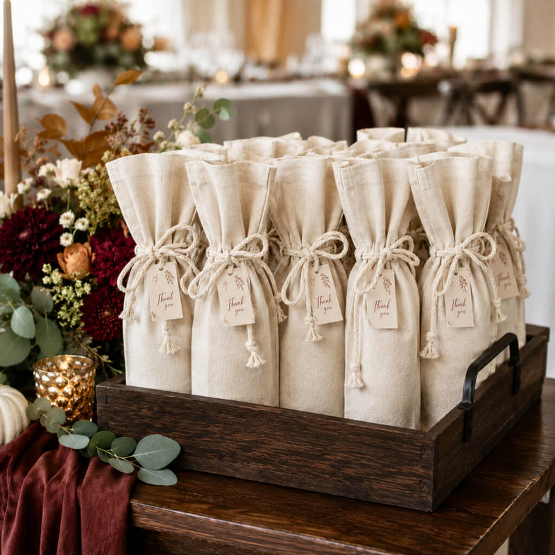 Canvas wine bottle gift bags with Thank You tags in a wooden crate - thumbnail number 3