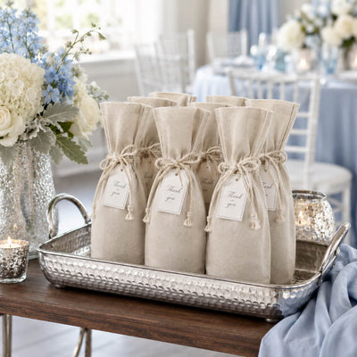 Canvas wine bottle gift bags with Thank You tags on a hammered metal tray - thumbnail number 4
