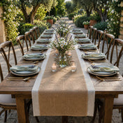 Burlap table runner on an outdoor table with flowers - thumbnail number 3