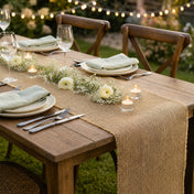 Burlap table runner with flowers and candles outdoors - thumbnail number 4
