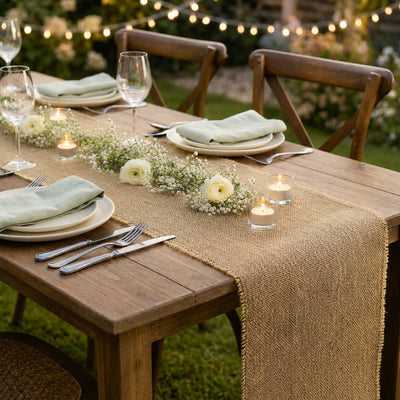 Burlap table runner with flowers and candles outdoors - thumbnail number 4