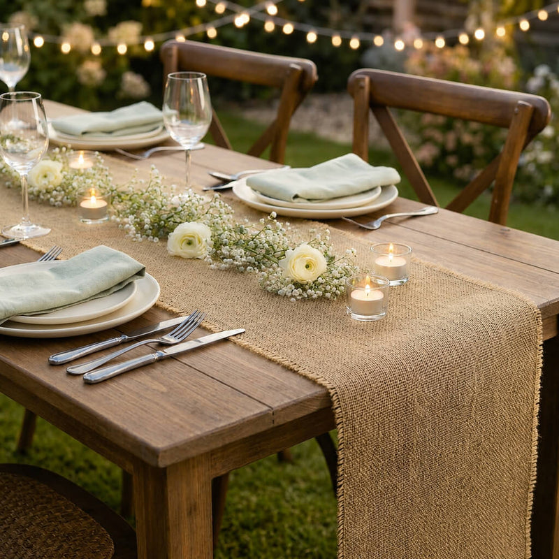 Burlap table runner with flowers and candles outdoors - thumbnail number 4