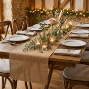 Burlap table runner with greenery, florals, and candles - thumbnail number 5
