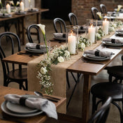 Burlap table runner with candles and white florals - thumbnail number 6