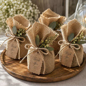 Burlap favor bags made with wrap squares, tied with twine, greenery, and thank you tags - thumbnail number 3