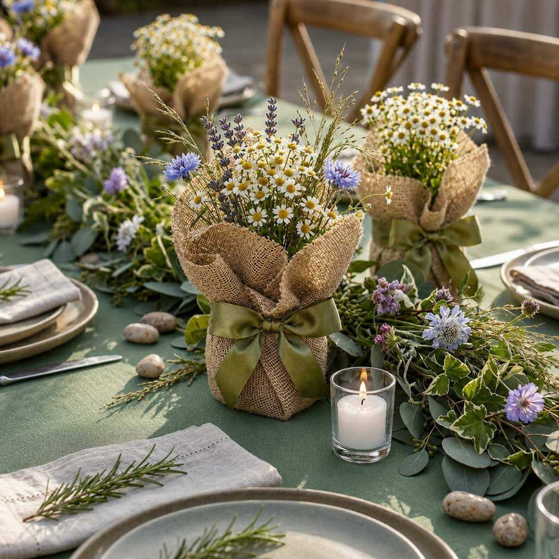 Small potted flowers wrapped in rustic burlap squares and tied with green ribbons on a table - thumbnail number 4