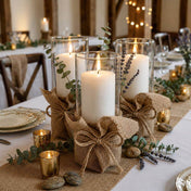 Glass pillar candles wrapped in burlap squares with twine bows and greenery as a centerpiece - thumbnail number 5