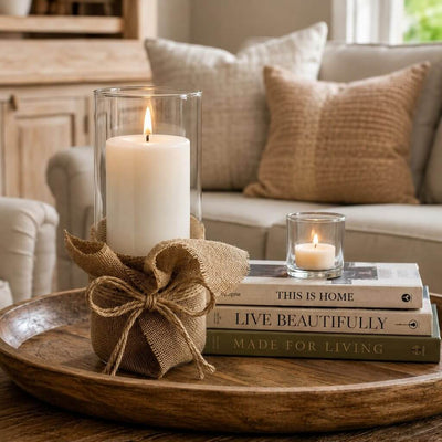 Glass candle holder wrapped in a burlap wrap square with a twine bow on a wooden tray - thumbnail number 7