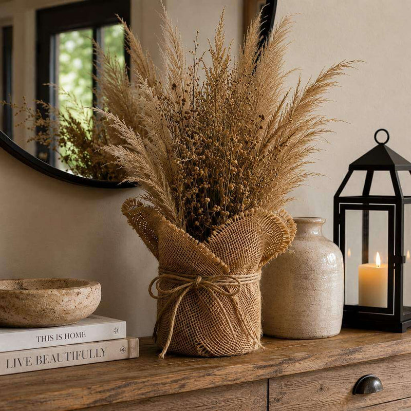 Dried pampas grass in a pot wrapped with a burlap square and tied with twine - thumbnail number 8
