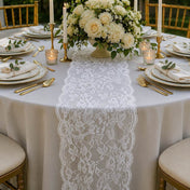 White Chantilly lace table runner on a wedding table setup - thumbnail number 5