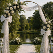 White Chantilly lace wedding arch decor with bows - thumbnail number 6