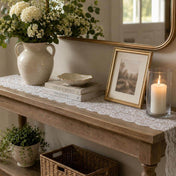 White Chantilly lace table runner styled on a console table - thumbnail number 9