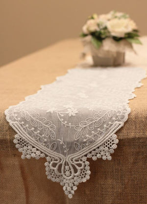 Embroidered Lace Table Runner & Chair Sash 12" x 74" White
