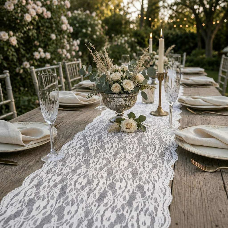 White Chantilly lace table runner on a wooden outdoor wedding table - thumbnail number 2