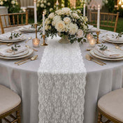White Chantilly lace runner on a round outdoor table - thumbnail number 3