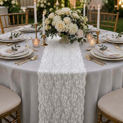 White Chantilly lace runner on a round outdoor table - thumbnail number 3