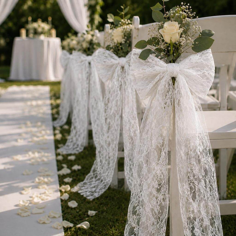 White Chantilly lace sashes on outdoor wedding chairs - thumbnail number 4
