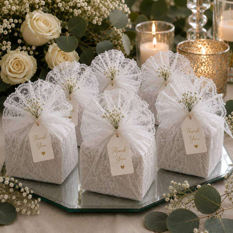 White Chantilly lace wedding favor boxes with thank you tags - thumbnail number 6