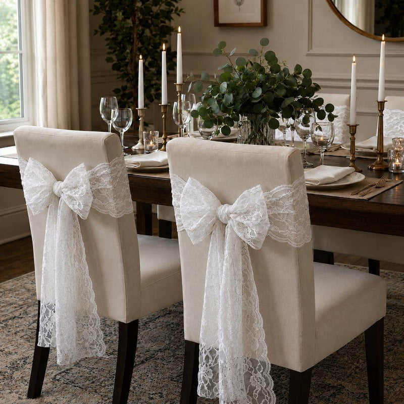 White Chantilly lace sashes tied as bows on dining chairs - thumbnail number 7