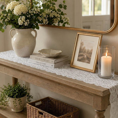 White Chantilly lace runner on a wooden console table - thumbnail number 8