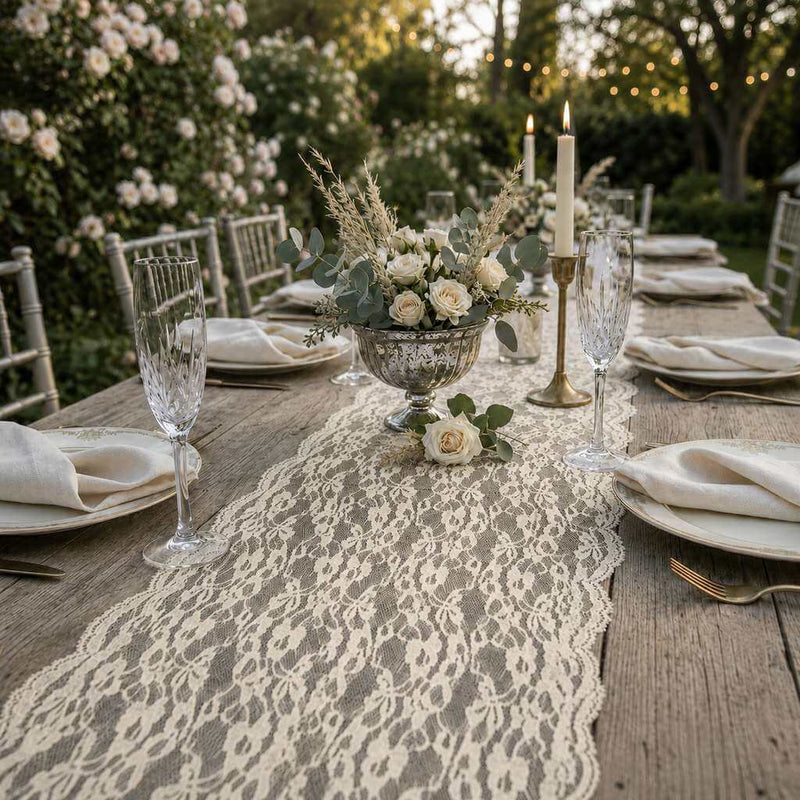 Ivory Chantilly lace table runner on a wooden outdoor wedding table - thumbnail number 2