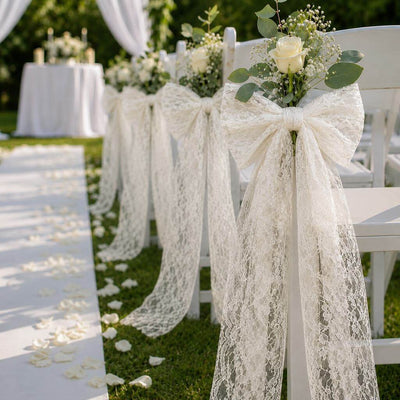 Ivory Chantilly lace sashes on white wedding chairs - thumbnail number 4