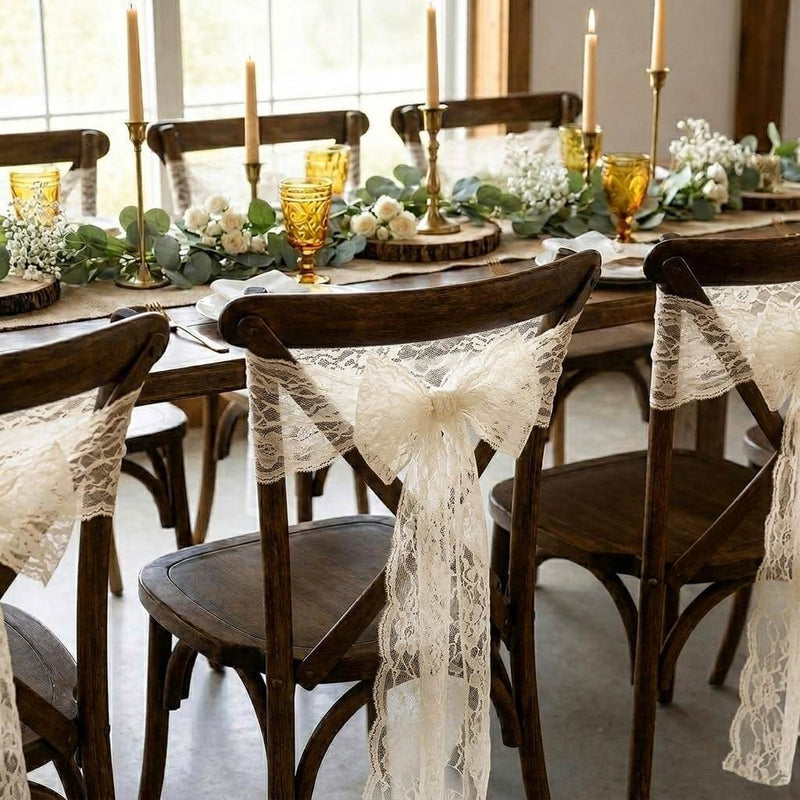 Ivory Chantilly lace sashes tied on wooden chairs - thumbnail number 5