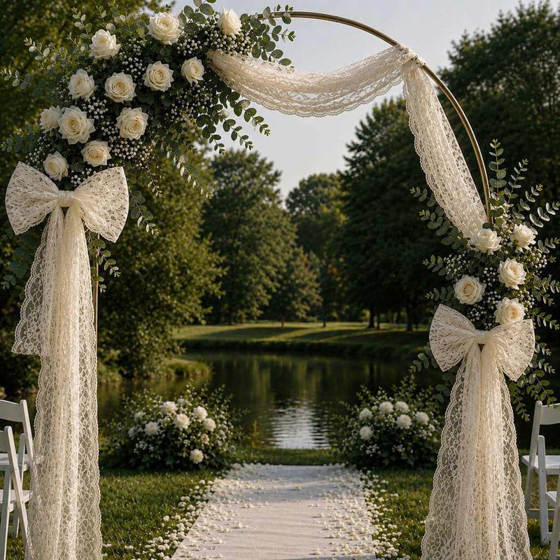 Ivory Chantilly lace sash draped over a wedding arch - thumbnail number 6