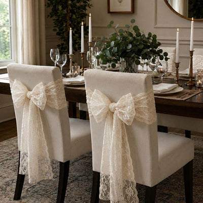 Ivory Chantilly lace sashes tied as bows on dining chairs - thumbnail number 9
