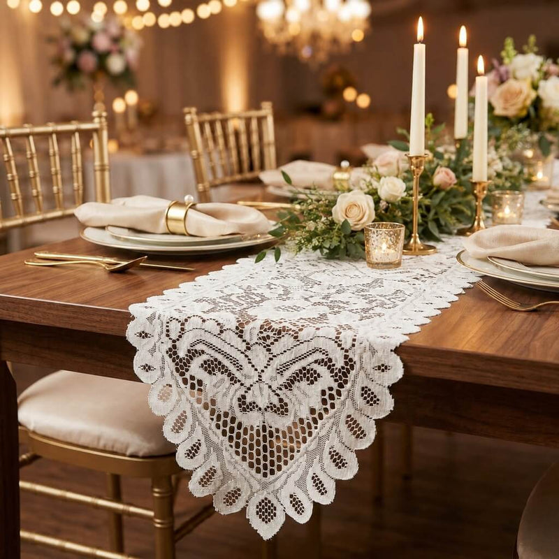 White lace table runner on a dining table with candles and flowers - thumbnail number 3