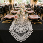 White lace table runner on a wedding dining table with pink roses and candles - thumbnail number 4