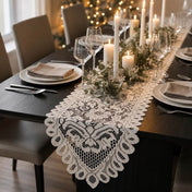 White lace table runner on a dining table with candles and greenery - thumbnail number 5