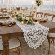 White lace table runner on a wooden beach wedding table - thumbnail number 7