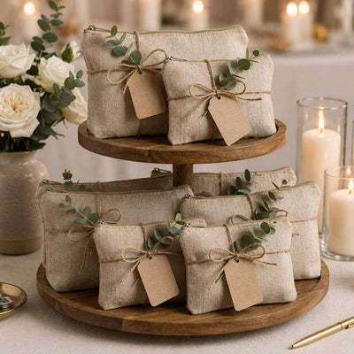 Zippered burlap bags tied with twine tags and greenery on a tiered tray - thumbnail number 7
