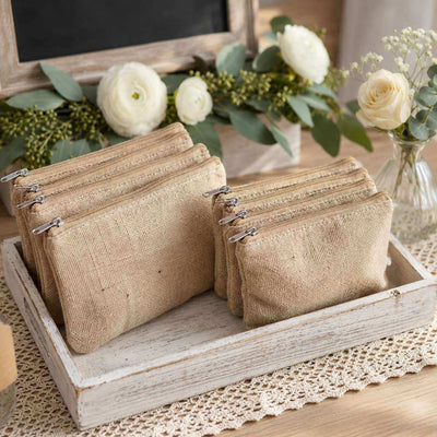 Set of zippered burlap bags arranged in a white wooden tray with floral decor - thumbnail number 6