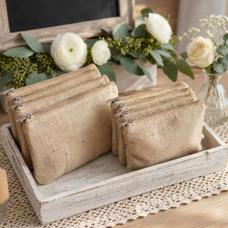 Set of zippered burlap bags arranged in a white wooden tray with floral decor - thumbnail number 6